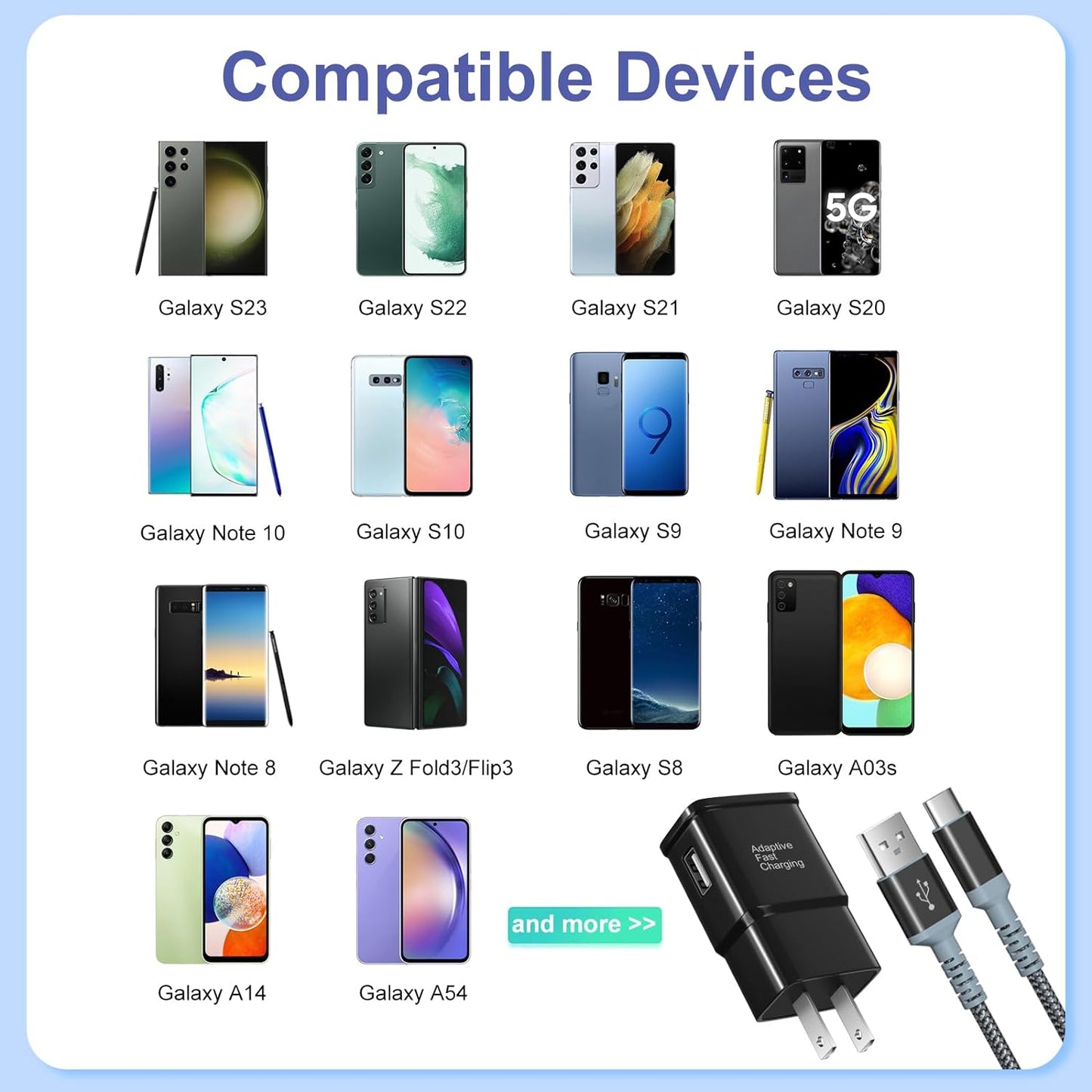 Adaptive Fast Charging Wall Charger with USB C Cable 10Ft, USB Fast Charger Type C Charger Compatible for Galaxy S23 Ultra A13 A03S A53 A23 S22 S21 S20 S10 S9 Android Phone-2Pack,Black