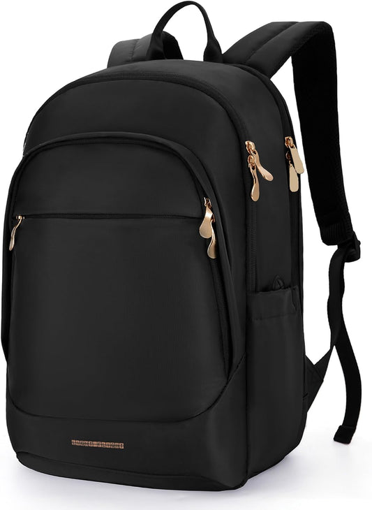 Travel Backpack for Women, 15.6 Inch Laptop Backpack with USB Charging Hole, Water Resistant College Bookbag, Large Capacity Black Computer Backpacks for Work, Black