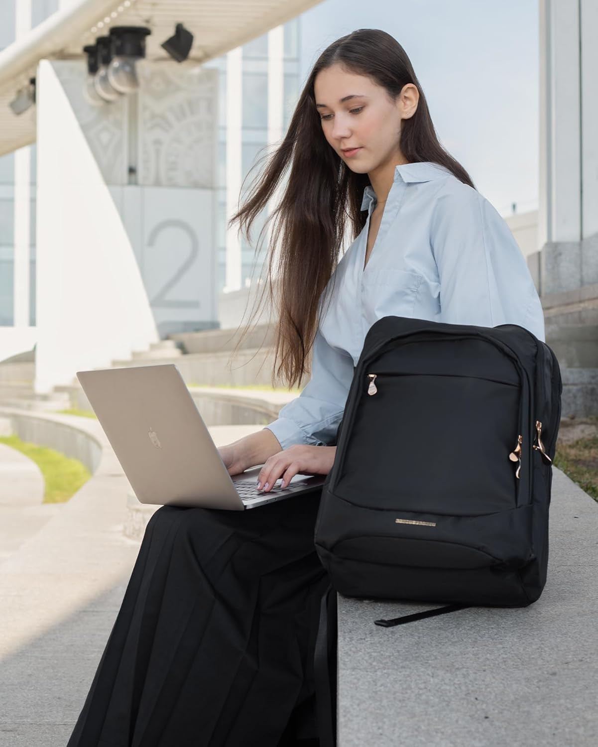 Travel Backpack for Women, 15.6 Inch Laptop Backpack with USB Charging Hole, Water Resistant College Bookbag, Large Capacity Black Computer Backpacks for Work, Black