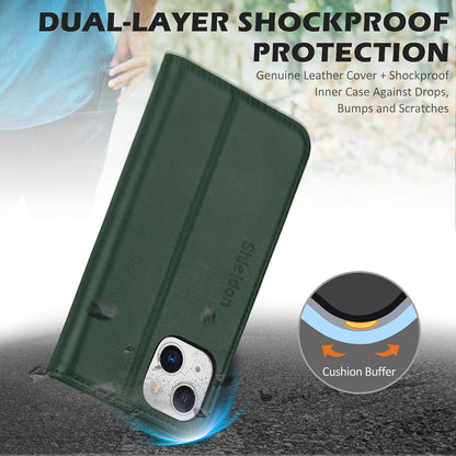 Case for Iphone 13, Genuine Leather Iphone 13 5G Wallet Folding Case with Kickstand RFID Blocking Card Slots Magnetic Shockproof Case Compatible with Iphone 13 5G (6.1" 2021) - Midnight Green