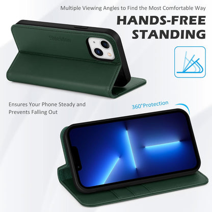 Case for Iphone 13, Genuine Leather Iphone 13 5G Wallet Folding Case with Kickstand RFID Blocking Card Slots Magnetic Shockproof Case Compatible with Iphone 13 5G (6.1" 2021) - Midnight Green
