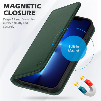 Case for Iphone 13, Genuine Leather Iphone 13 5G Wallet Folding Case with Kickstand RFID Blocking Card Slots Magnetic Shockproof Case Compatible with Iphone 13 5G (6.1" 2021) - Midnight Green